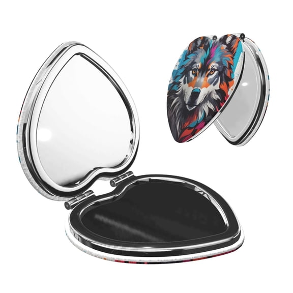 Kdxio Tie-Dye Wolf Head Pocket Mirror, 1X/2X Travel Makeup Mirror 2-Sided Folding Small Mirror Portable Double-Sided Magnifying Cosmetic Mirror for Gift-Heart Shape