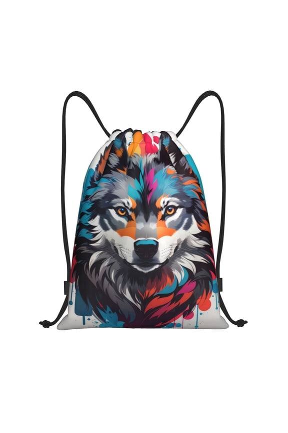 Tie-Dye Wolf Head Print Drawstring Backpack Bag,Waterproof Draw String Back Sack, Gym Drawstring Bags Swim Bag For Unisex