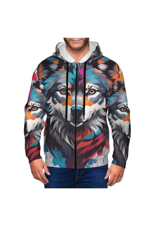 Tie-Dye Wolf Head Print Men Hoodies Casual Hoodies for Men with Zip Pockets Full Zip Long Sleeve Sweatshirt Sports Hooded Jacket-Large