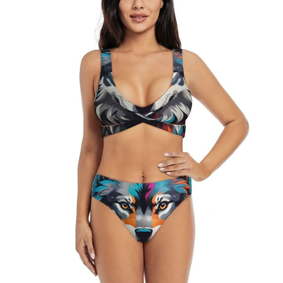 Kdxio Tie-Dye Wolf Head Print Women's 2 Piece High Waisted Wrap Spaghetti Strap Summer Swimsuit Bikini Set-Medium