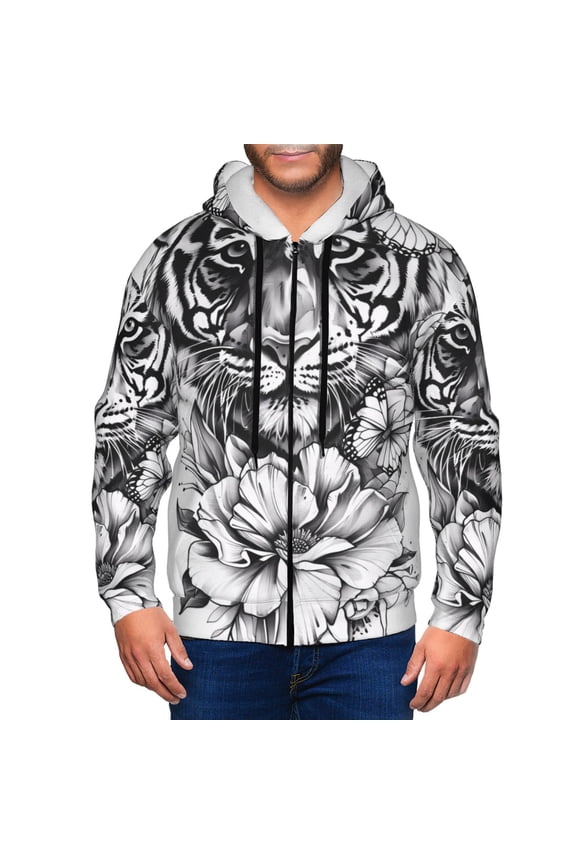 Tiger Butterfly Floral Art Print Men Hoodies Casual Hoodies for Men with Zip Pockets Full Zip Long Sleeve Sweatshirt Sports Hooded Jacket-Medium
