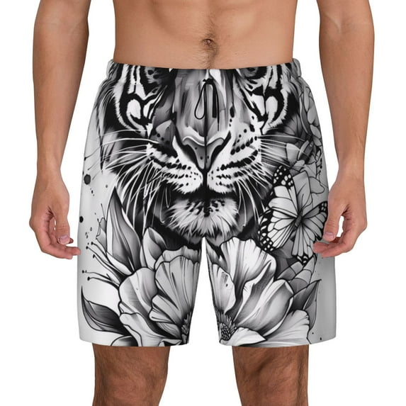 Kdxio Tiger Butterfly Floral Art Print Men's Swim Trunks with Compression Liner 7 Inch Inseam Quick Dry Swim Shorts
