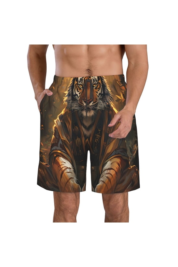 Tiger In The Fallen Leaf Forest Pattern Mens Casual Shorts - Drawstring Summer Beach Sports Shorts for Men