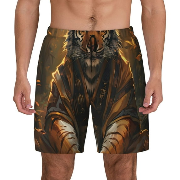Kdxio Tiger In The Fallen Leaf Forest Print Men's Swim Trunks with Compression Liner 7 Inch Inseam Quick Dry Swim Shorts