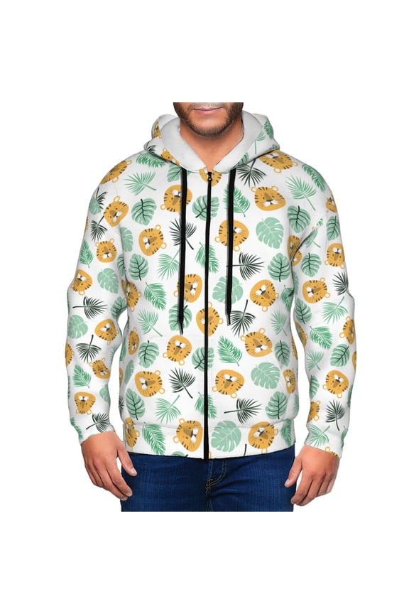 Tiger Leaves Print Men Hoodies Casual Hoodies for Men with Zip Pockets Full Zip Long Sleeve Sweatshirt Sports Hooded Jacket-Medium