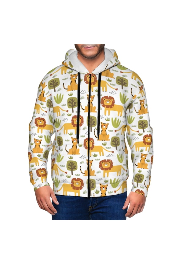 Tiger Lion Print Men Hoodies Casual Hoodies for Men with Zip Pockets Full Zip Long Sleeve Sweatshirt Sports Hooded Jacket-Large