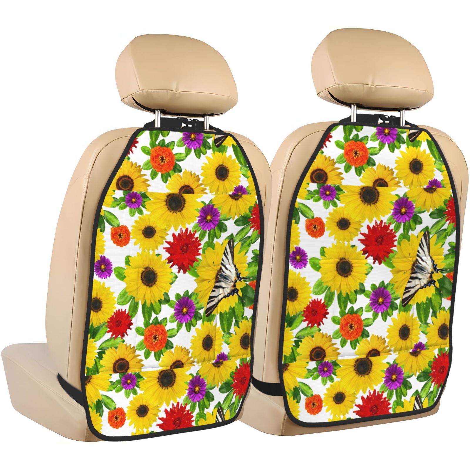 Kdxio Tiger Swallowtail On Flowers Print 2 Pack Car Kick Mat Seat Cover Back Protector Mat with Pockets for Organizer Backseat Protector and Storage Anti Kick Pad for Vehicles