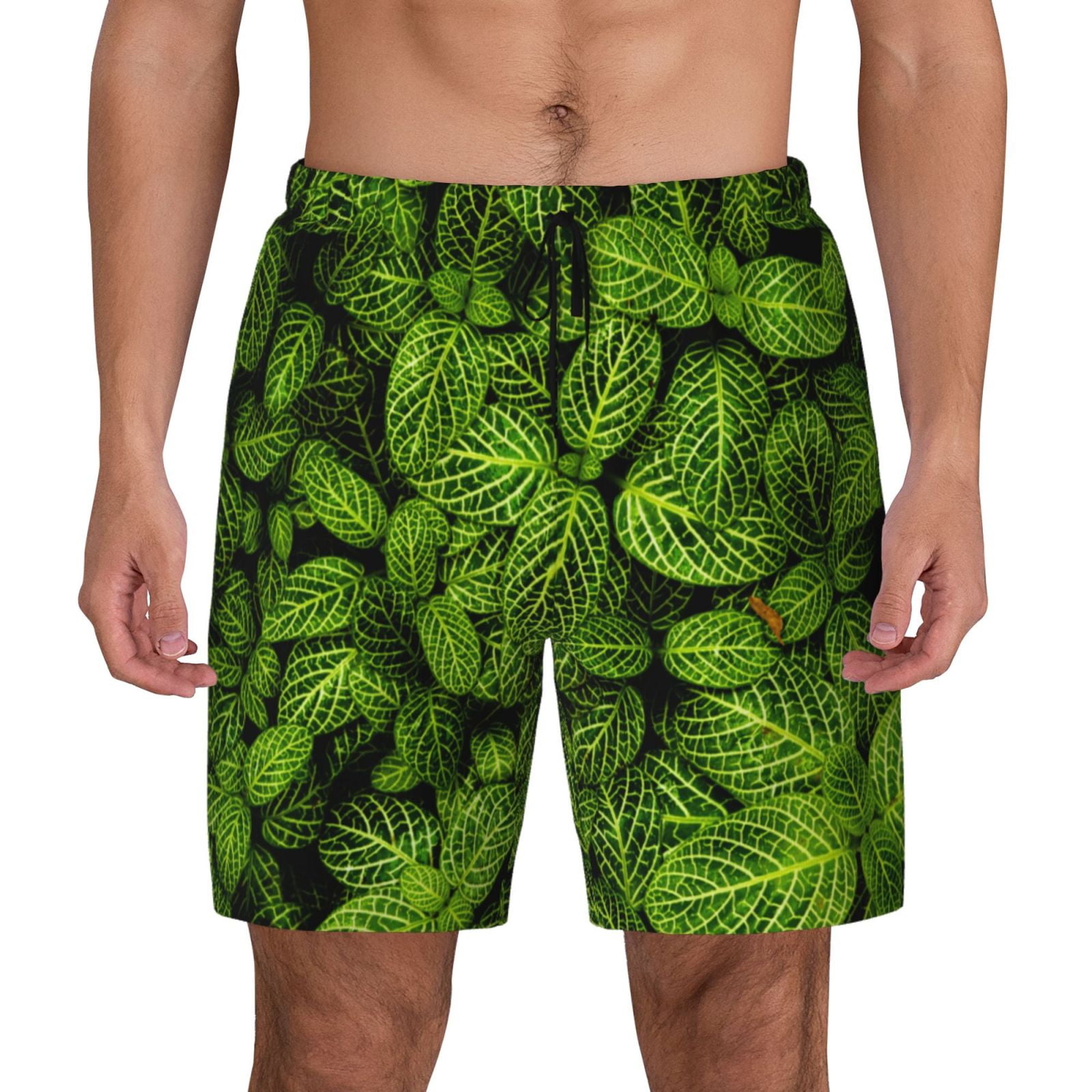 Kdxio Tiny Green Fern Leaves Print Men's Swim Trunks with Compression