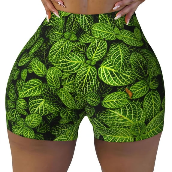 Kdxio Tiny Green Fern Leaves Print Workout Shorts for Women Seamless Soft Smooth Gym Yoga Scrunch Active Shorts