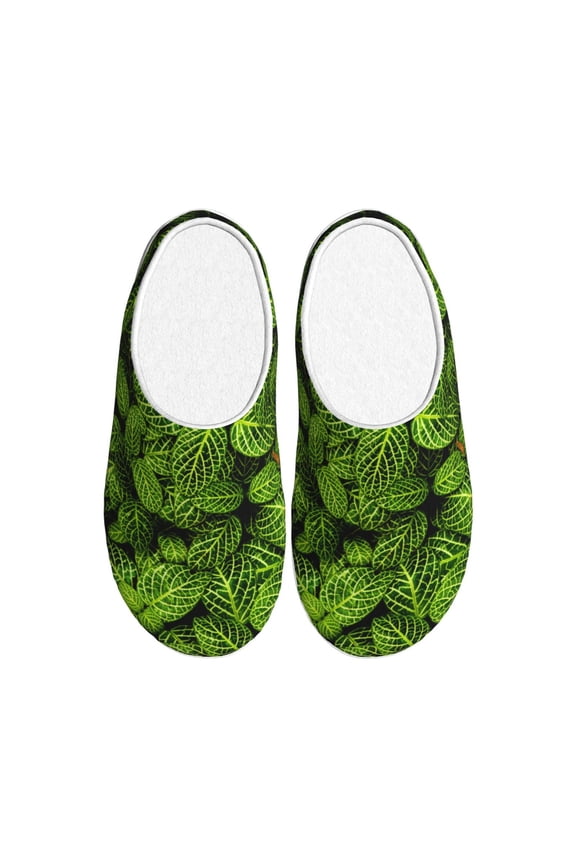 Tiny Green Fern Leaves Women's Men's Slippers Plush Slip-On House Slipper for Winter Indoor Soft Cushion Non-slip Fluffy Slides Slippers-11