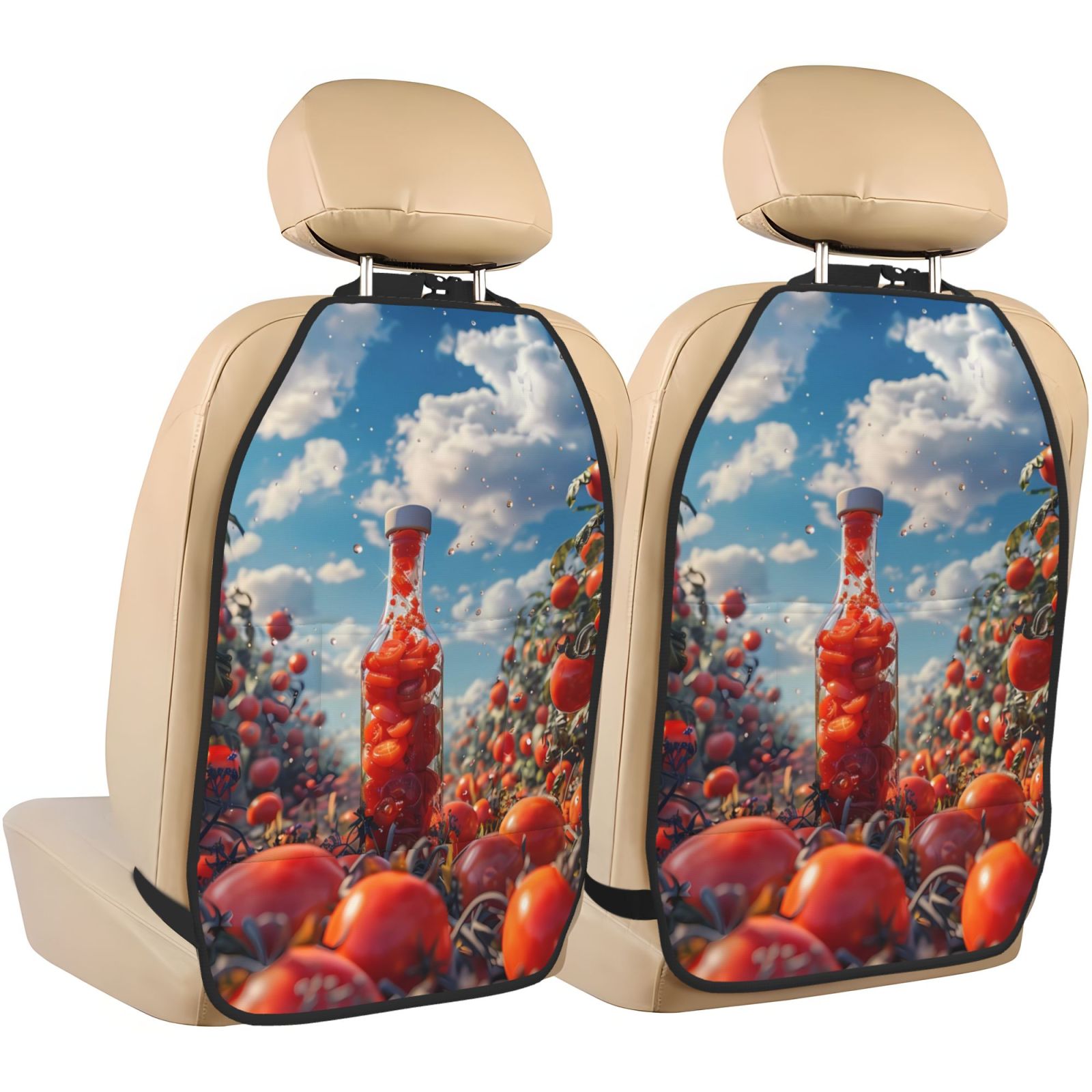 Kdxio Tomato Field Bottle Print 2 Pack Car Kick Mat Seat Cover Back Protector Mat with Pockets for Organizer Backseat Protector and Storage Anti Kick Pad for Vehicles