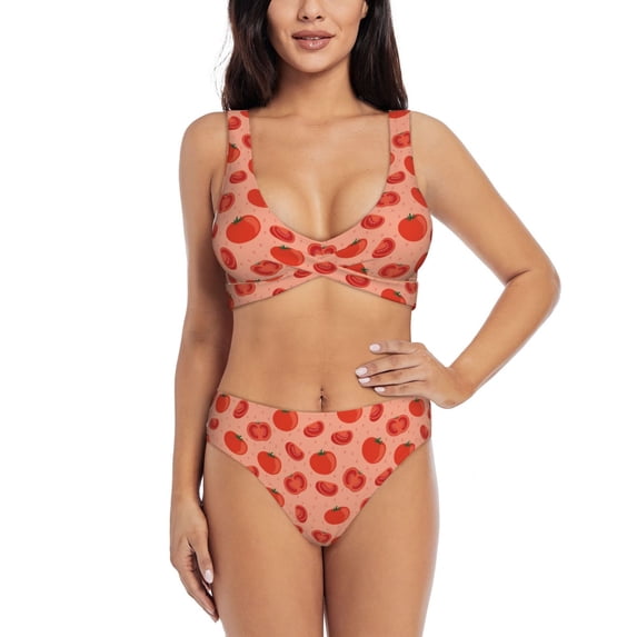 Kdxio Tomato Print Women's 2 Piece High Waisted Wrap Spaghetti Strap Summer Swimsuit Bikini Set-Small