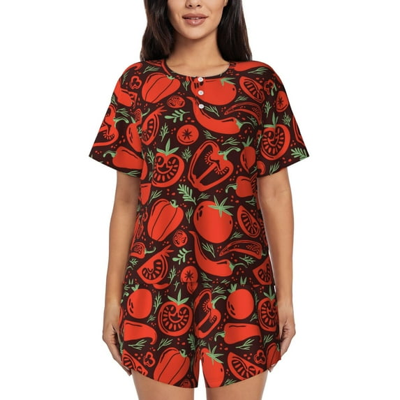 Kdxio Tomatoes And Chili Print Pajamas Sets for Women Short-Sleeved Pjs with Lounge Shorts Two Piece Sleepwear S-4XL