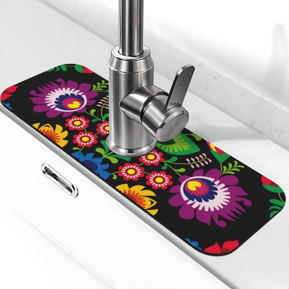 Kdxio Traditional Floral Polish Pattern Non-Slip Diatom Mud Faucet Drain Pad,Self Absorbent Mat for Kitchen Sink for Variety Kitchen & Bathroom Countertops
