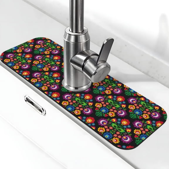 Kdxio Traditional Floral Polish Pattern Non-Slip Diatom Mud Faucet Drain Pad,Self Absorbent Mat for Kitchen Sink for Variety Kitchen & Bathroom Countertops