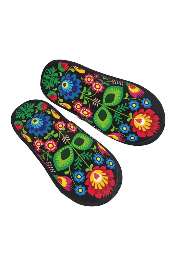 Traditional Floral Polish Pattern Slippers for Women Memory Foam Fuzzy House Slippers Bedroom Non-slip Warm Womens Slippers