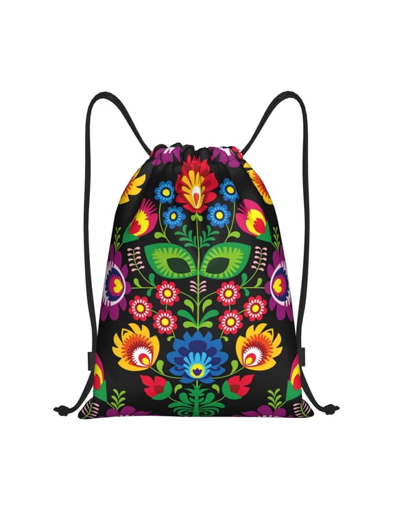 Traditional Floral Polish Print Drawstring Backpack Bag,Waterproof Draw String Back Sack, Gym Drawstring Bags Swim Bag For Unisex