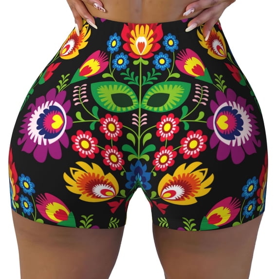 Kdxio Traditional Floral Polish Print Workout Shorts for Women Seamless Soft Smooth Gym Yoga Scrunch Active Shorts