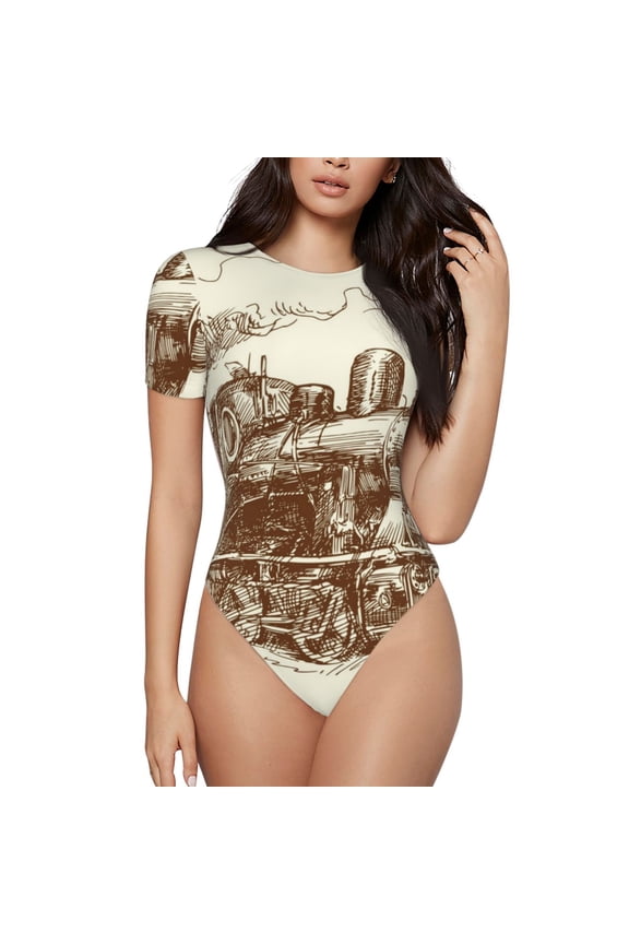 Train for Women's Short-Sleeved Onesie Stylish Round Neck Pajamas Bodysuit Jumpsuit Nightwear-Large