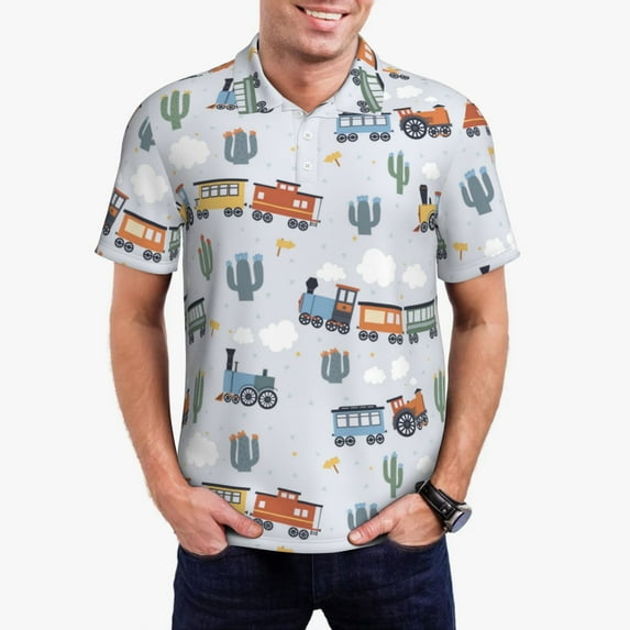 Kdxio Trains And Cactuse Print Men's Short Sleeve Polo Shirt,Midweight Men's Shirt