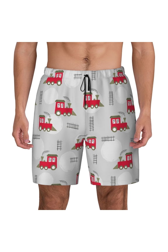 Trains Print Men's Swim Trunks with Compression Liner 7 Inch Inseam Quick Dry Swim Shorts