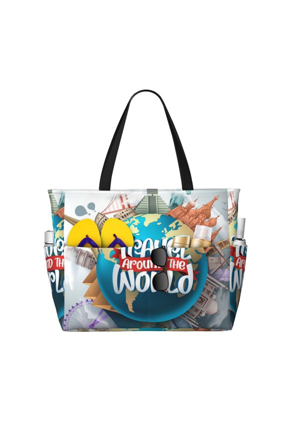 Travel Around The World for Beach Bag for Women Large Beach Tote Bag Waterproof Sandproof Swim Bag with Zipper Pockets Beach Vacation Travel