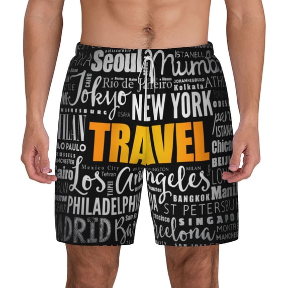 Kdxio Travel Print Men'S Swim Trunks With Compression Liner 7 Inch Inseam Quick Dry Swim Shorts