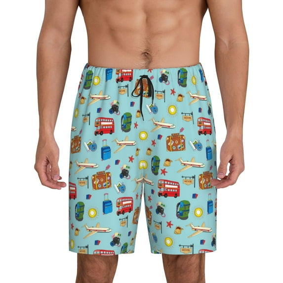 Kdxio Travel1 Print Mens Sleep Shorts Bottoms Soft Comfy Pajama Wear Pants with Drawstring Pockets