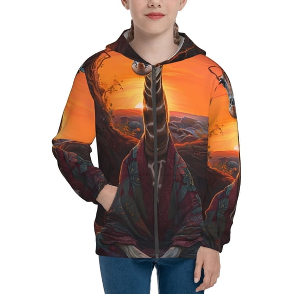 Kdxio Tree Hollow Meditating Giraffe Pattern Kids Boys Girls Zip Up Hoodie 3D Printed Hooded Sweatshirt Hoody Coat with Pocket 7-12 Y-Small