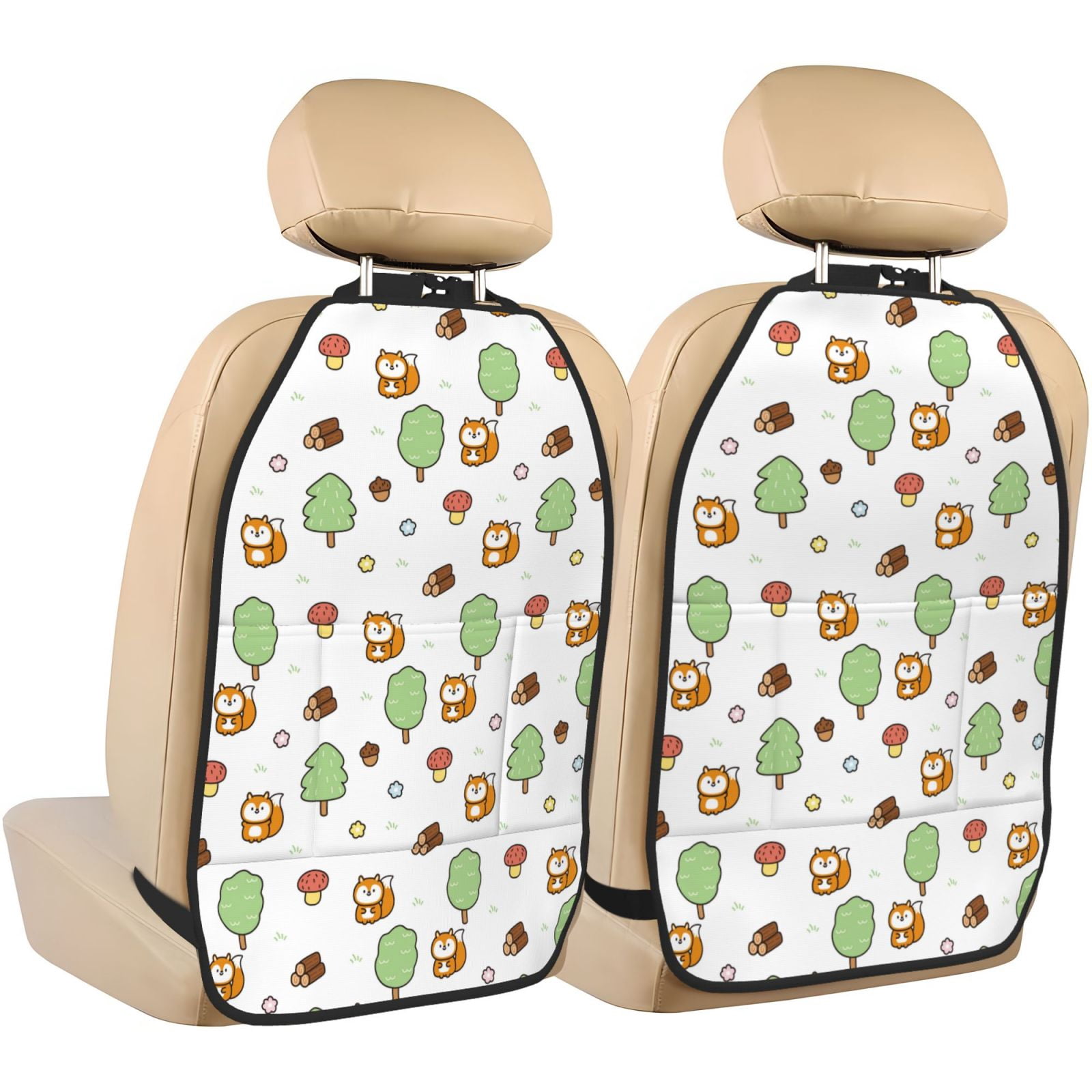 Kdxio Tree Squirrel Print 2 Pack Car Kick Mat Seat Cover Back Protector Mat with Pockets for Organizer Backseat Protector and Storage Anti Kick Pad for Vehicles