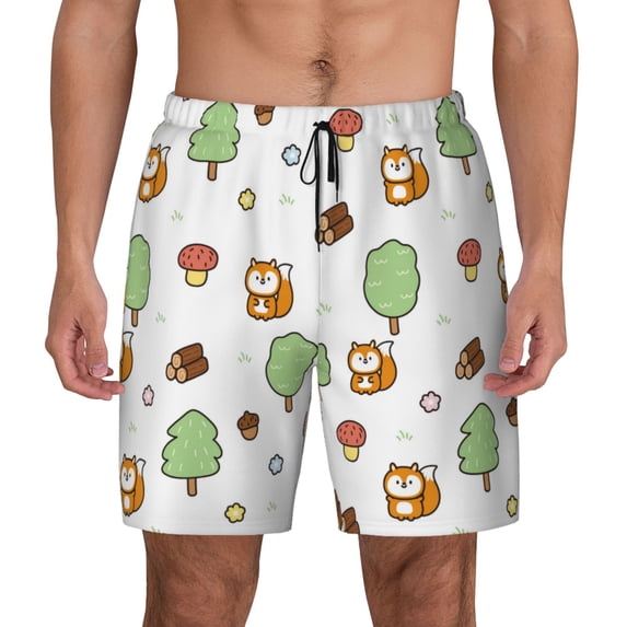 Kdxio Tree Squirrel Print Men's Swim Trunks with Compression Liner 7 Inch Inseam Quick Dry Swim Shorts
