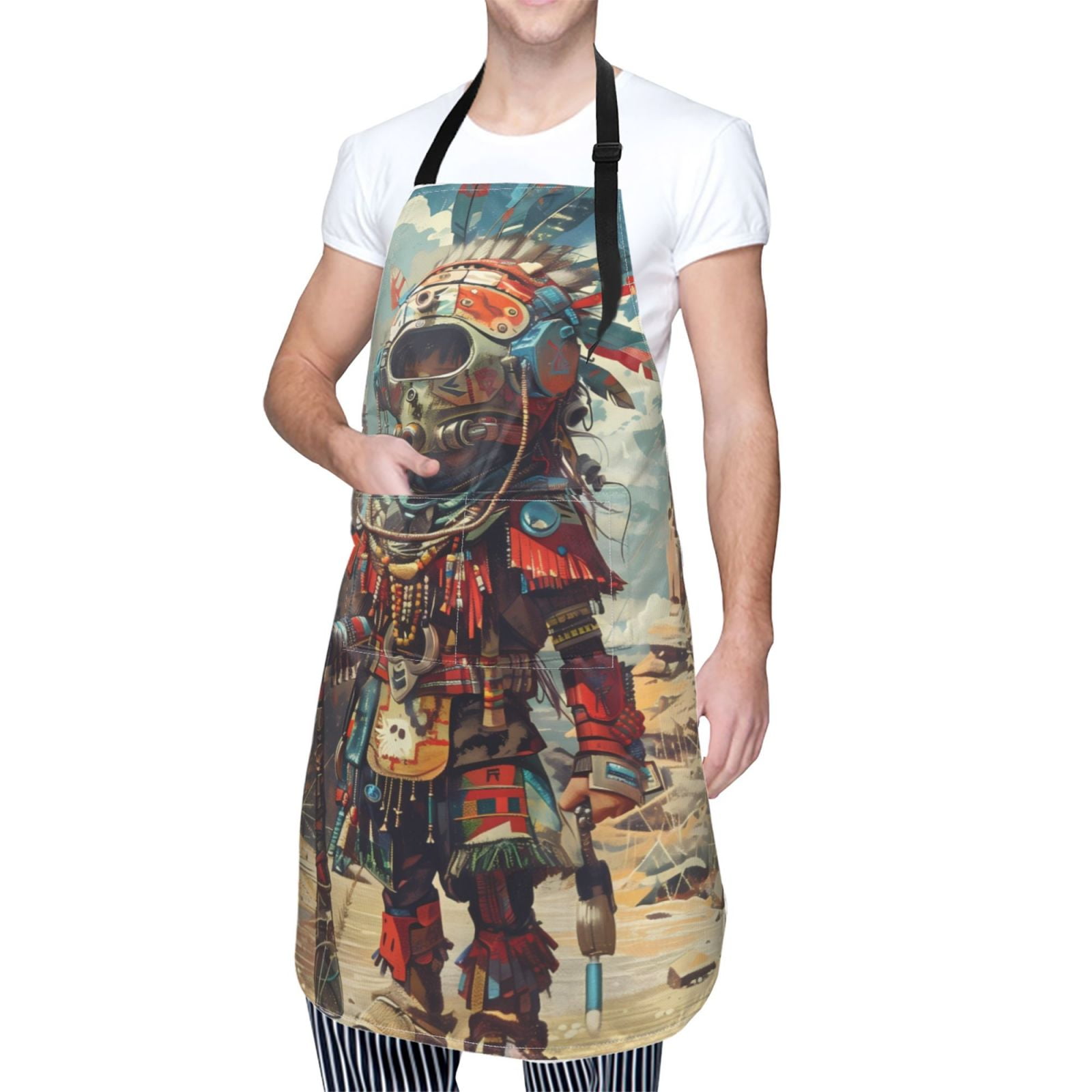 Kdxio Tribal Futuristic Warrior Apron with Pockets Adjustable Kitchen Aprons for Men Women Waterproof Aprons for Cooking,Drawing,Crafting, Baking Household Cleaning
