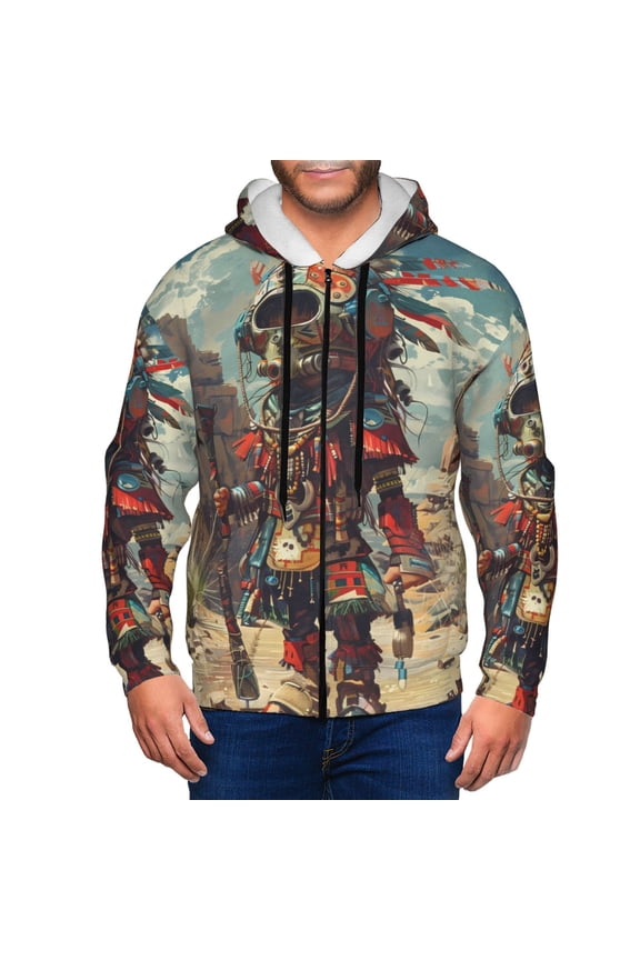 Tribal Futuristic Warrior Print Men Hoodies Casual Hoodies for Men with Zip Pockets Full Zip Long Sleeve Sweatshirt Sports Hooded Jacket-Small