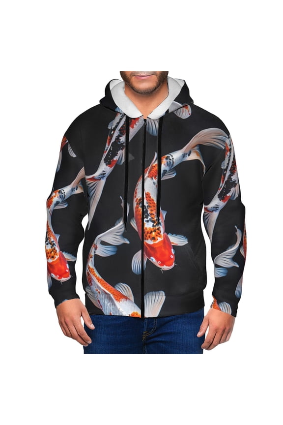 Tricolor Koi Fish Trio Print Men Hoodies Casual Hoodies for Men with Zip Pockets Full Zip Long Sleeve Sweatshirt Sports Hooded Jacket-XX-Large