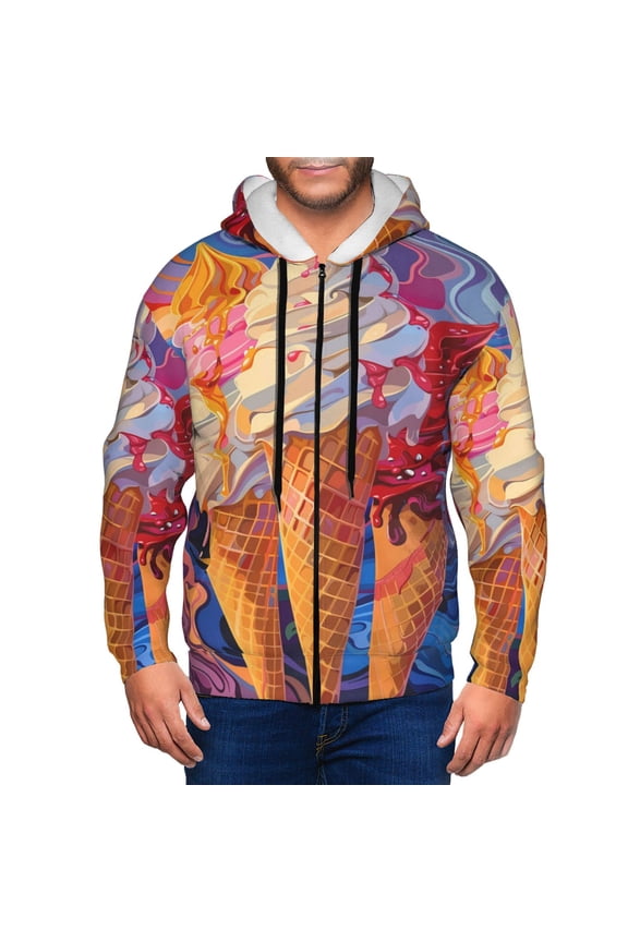 Trio Of Dripping Cones Print Men Hoodies Casual Hoodies for Men with Zip Pockets Full Zip Long Sleeve Sweatshirt Sports Hooded Jacket-Small