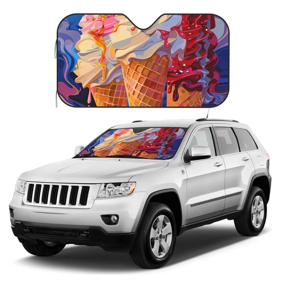 Kdxio Trio Of Dripping Cones Print Windshield Sun Shade, Foldable Sun Blocker for Car,Truck,SUV Automotive Interior Sun Protection,Reflective Shade for Front Windshield(Small)
