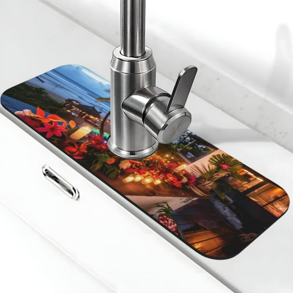 Kdxio Tropical Beach Candlelight Pattern Non-Slip Diatom Mud Faucet Drain Pad,Self Absorbent Mat for Kitchen Sink for Variety Kitchen & Bathroom Countertops