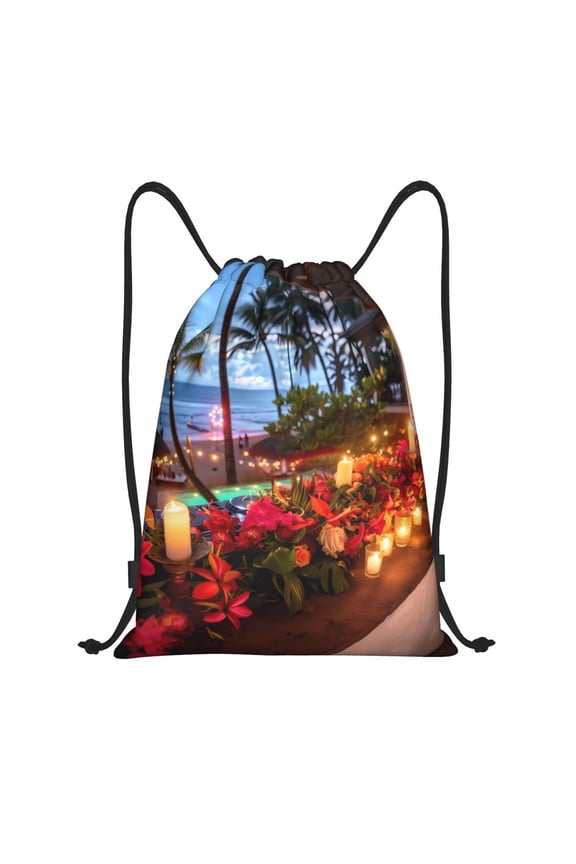 Tropical Beach Candlelight Print Drawstring Backpack Bag,Waterproof Draw String Back Sack, Gym Drawstring Bags Swim Bag For Unisex