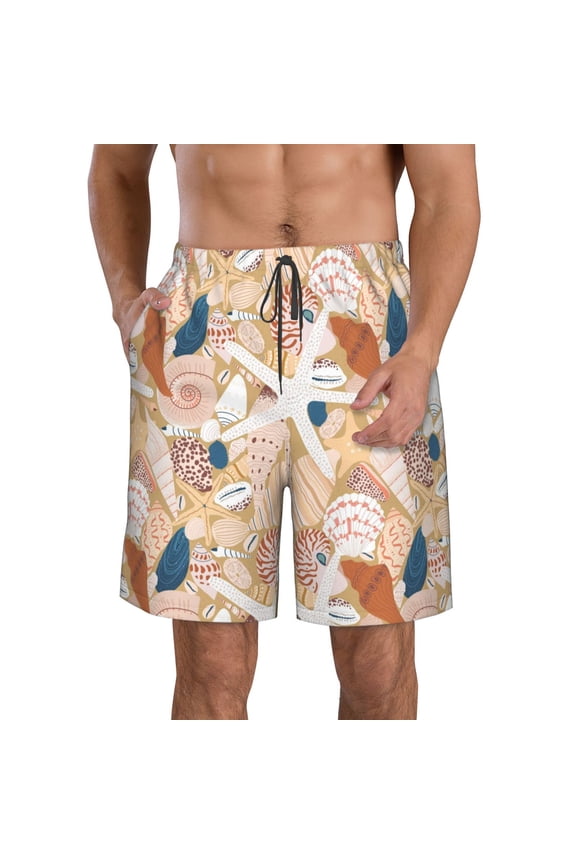 Tropical Beach Sea Shell Pattern Mens Casual Shorts - Drawstring Summer Beach Sports Shorts for Men