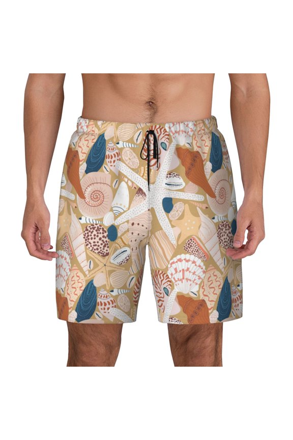 Tropical Beach Sea Shell Print Men's Swim Trunks with Compression Liner 7 Inch Inseam Quick Dry Swim Shorts