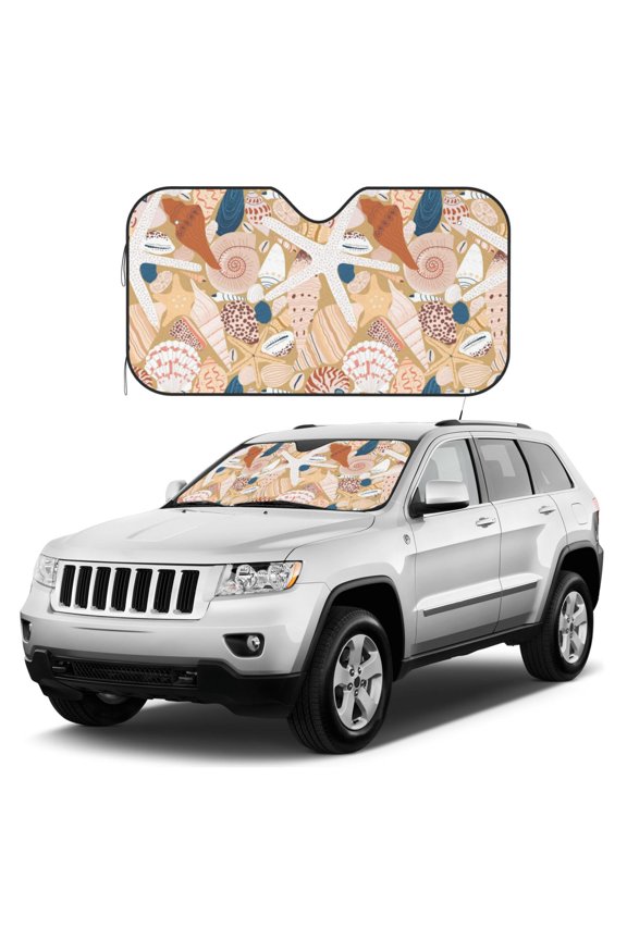Tropical Beach Sea Shell Print Windshield Sun Shade, Foldable Sun Blocker for Car,Truck,SUV Automotive Interior Sun Protection,Reflective Shade for Front Windshield(Medium)