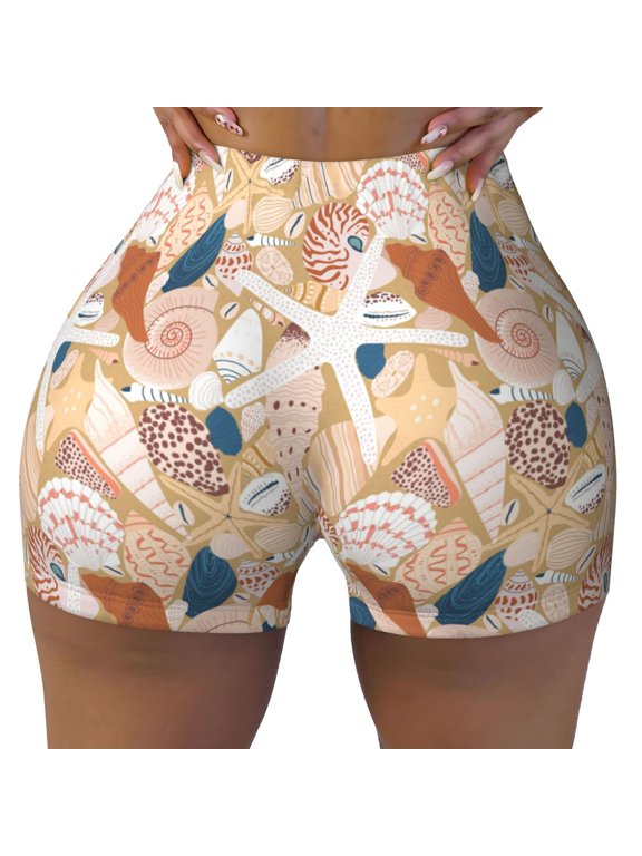 Tropical Beach Sea Shell Print Workout Shorts for Women Seamless Soft Smooth Gym Yoga Scrunch Active Shorts