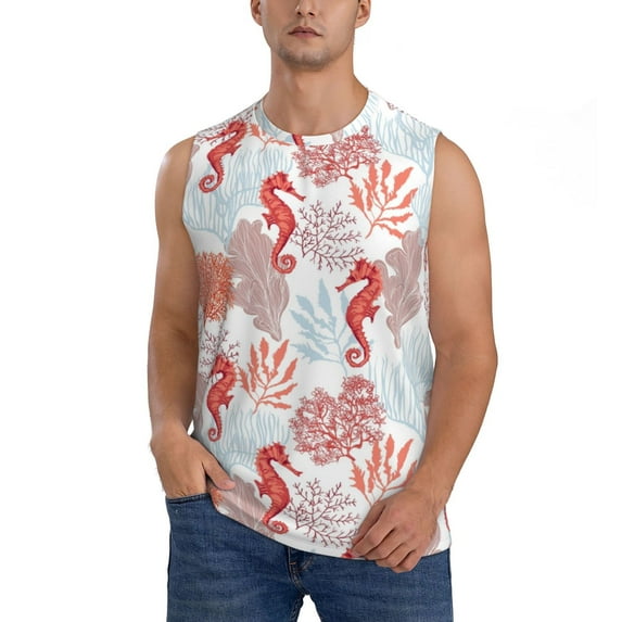 Kdxio Tropical Corals Seahorse for Men's Muscle T-shirt,Sleeveless for Workout Running Athletic Gym Lounge Casual
