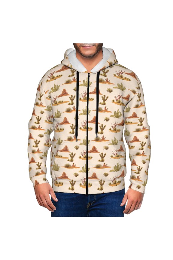 Tropical Desert Print Men Hoodies Casual Hoodies for Men with Zip Pockets Full Zip Long Sleeve Sweatshirt Sports Hooded Jacket-Small