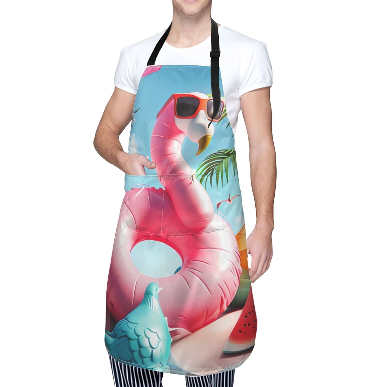 Kdxio Tropical Flamingo Pool Float Apron with Pockets Adjustable Kitchen Aprons for Men Women Waterproof Aprons for Cooking,Drawing,Crafting, Baking Household Cleaning