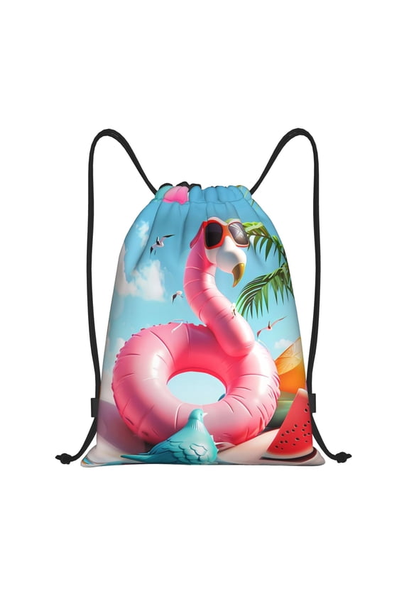 Tropical Flamingo Pool Float Print Drawstring Backpack Bag,Waterproof Draw String Back Sack, Gym Drawstring Bags Swim Bag For Unisex