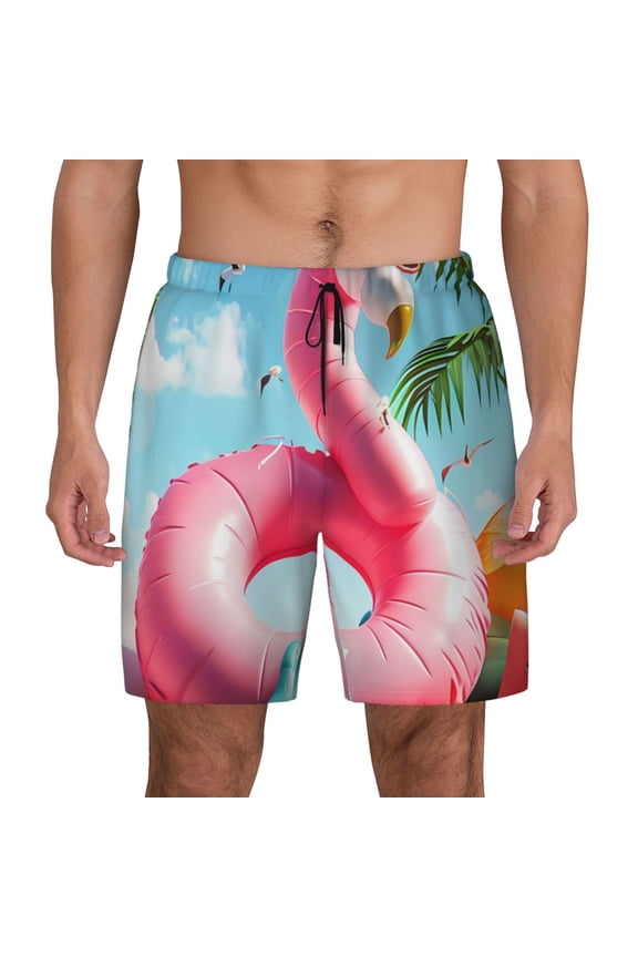 Tropical Flamingo Pool Float Print Men's Swim Trunks with Compression Liner 7 Inch Inseam Quick Dry Swim Shorts