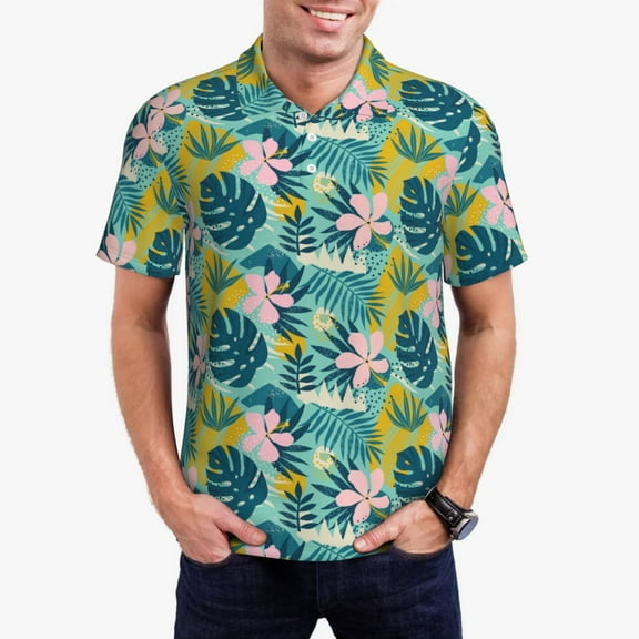 Kdxio Tropical Floral Print Men's Short Sleeve Polo Shirt,Midweight Men's Shirt