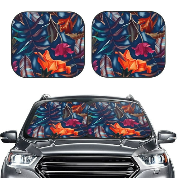 Kdxio Tropical Flower Print 2-Piece Sun Shade Front Windshield - Foldable Car Front Window Sunshades For Most Sedans Suv Truck