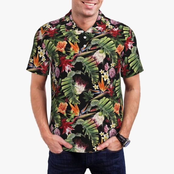 Kdxio Tropical Flowers (2) Print Men's Short Sleeve Polo Shirt,Midweight Men's Shirt